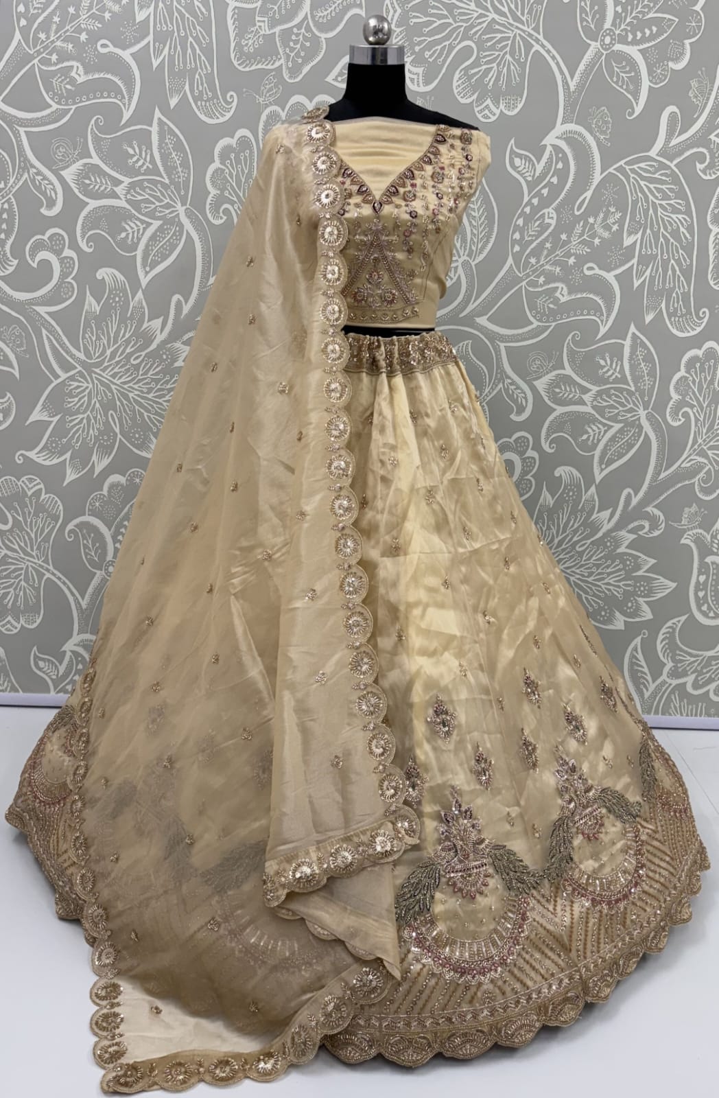 Off White Pure Chandnia Silk Handwork Motif Peacock Pattern Crystal Beads Multi Thread Dori &amp; Sequins Work Bridal Lehenga Choli