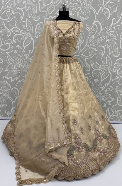 Off White Pure Chandnia Silk Handwork Motif Peacock Pattern Crystal Beads Multi Thread Dori &amp; Sequins Work Bridal Lehenga Choli