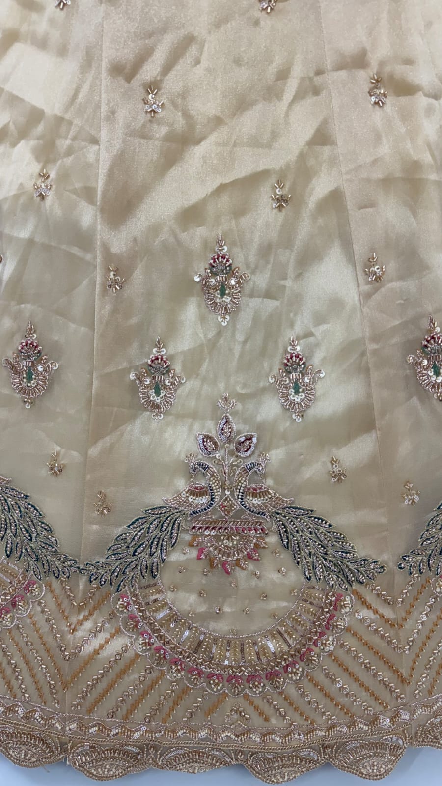 Off White Pure Chandnia Silk Handwork Motif Peacock Pattern Crystal Beads Multi Thread Dori &amp; Sequins Work Bridal Lehenga Choli