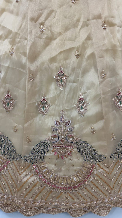 Off White Pure Chandnia Silk Handwork Motif Peacock Pattern Crystal Beads Multi Thread Dori &amp; Sequins Work Bridal Lehenga Choli