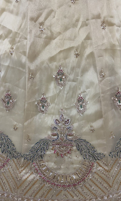 Off White Pure Chandnia Silk Handwork Motif Peacock Pattern Crystal Beads Multi Thread Dori &amp; Sequins Work Bridal Lehenga Choli