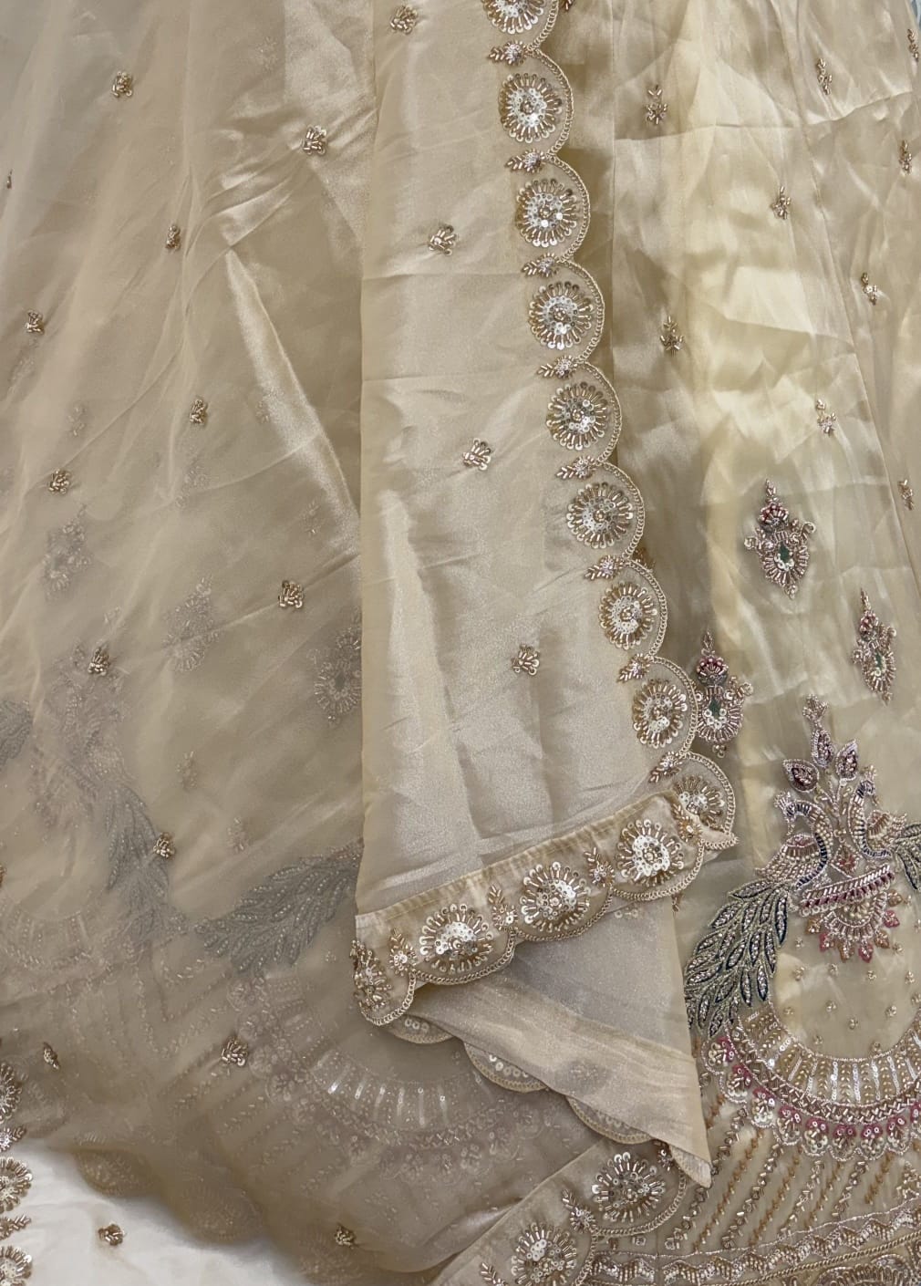 Off White Pure Chandnia Silk Handwork Motif Peacock Pattern Crystal Beads Multi Thread Dori &amp; Sequins Work Bridal Lehenga Choli