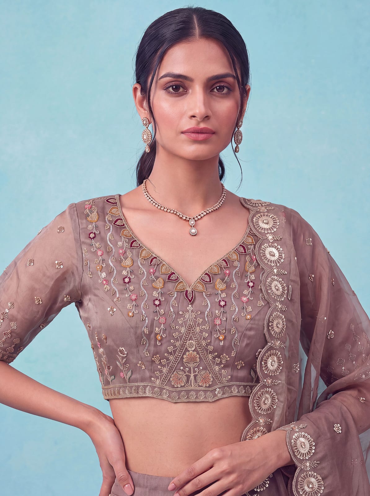 Cadet Pure Chandnia Silk Handwork Motif Peacock Pattern Crystal Beads Multi Thread Dori &amp; Sequins Work Bridal Lehenga Choli