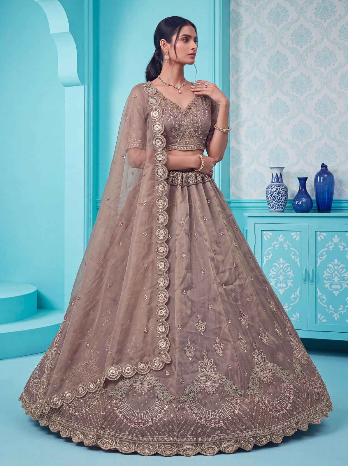 Cadet Pure Chandnia Silk Handwork Motif Peacock Pattern Crystal Beads Multi Thread Dori &amp; Sequins Work Bridal Lehenga Choli
