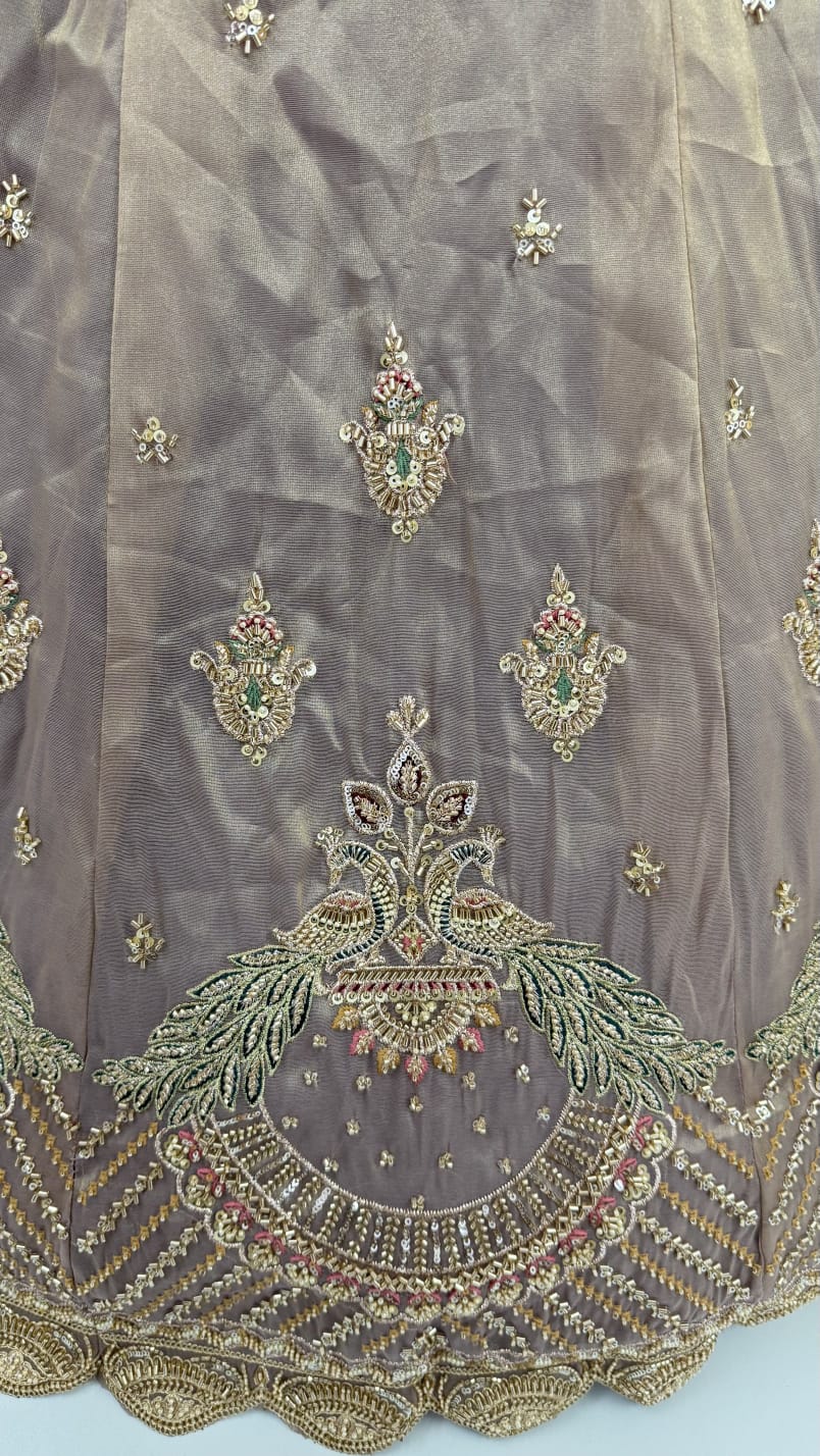 Cadet Pure Chandnia Silk Handwork Motif Peacock Pattern Crystal Beads Multi Thread Dori &amp; Sequins Work Bridal Lehenga Choli