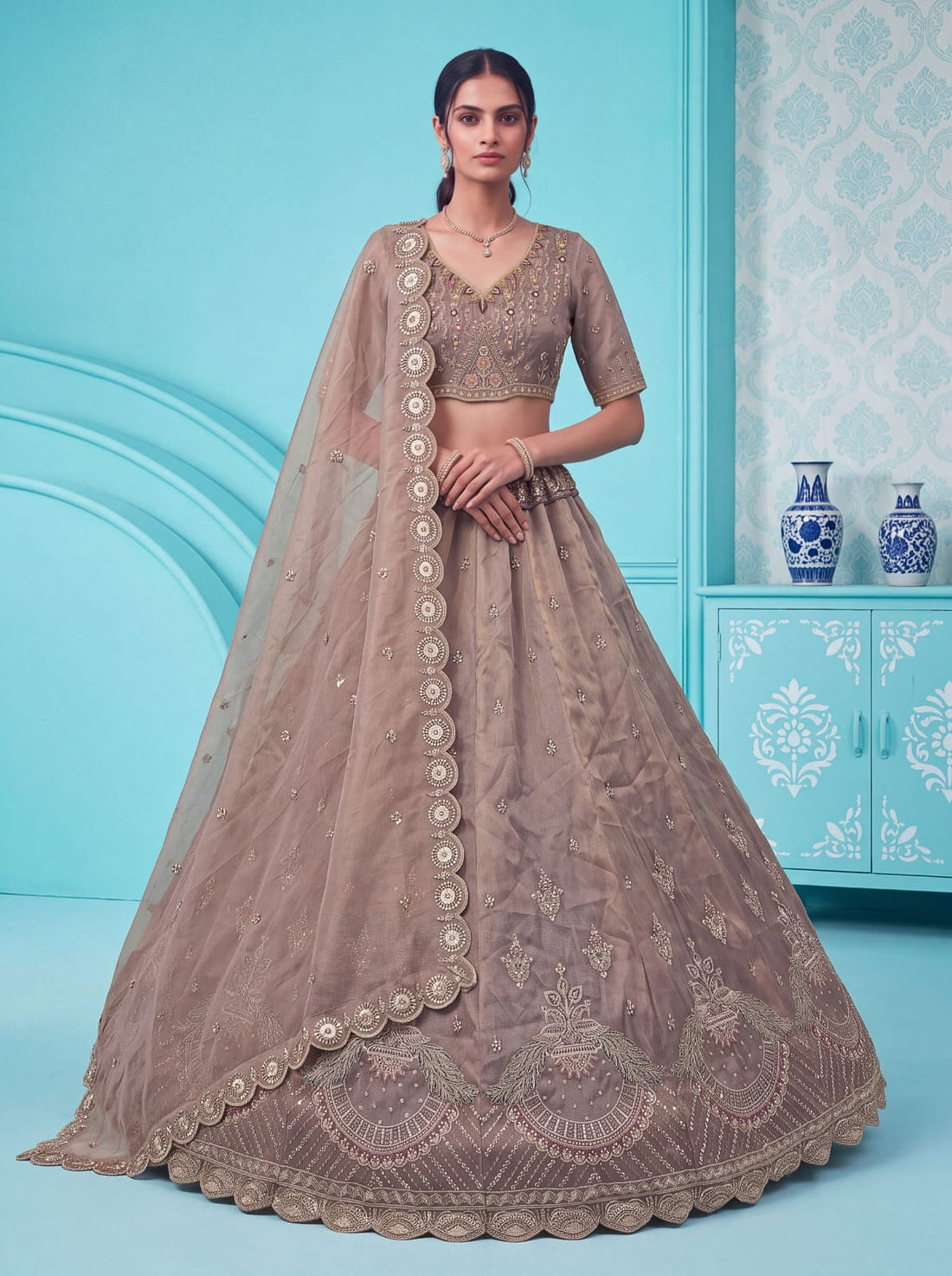 Cadet Pure Chandnia Silk Handwork Motif Peacock Pattern Crystal Beads Multi Thread Dori &amp; Sequins Work Bridal Lehenga Choli