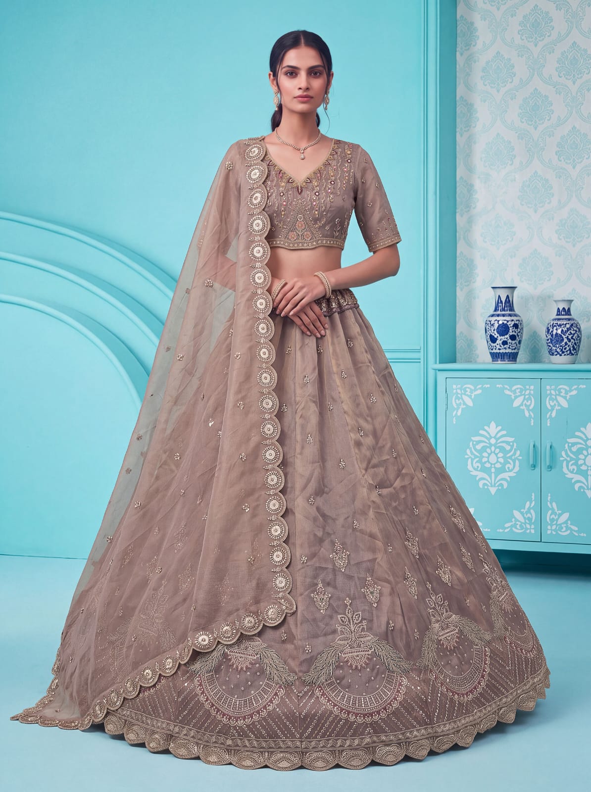 Cadet Pure Chandnia Silk Handwork Motif Peacock Pattern Crystal Beads Multi Thread Dori &amp; Sequins Work Bridal Lehenga Choli