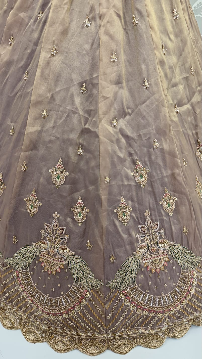 Cadet Pure Chandnia Silk Handwork Motif Peacock Pattern Crystal Beads Multi Thread Dori &amp; Sequins Work Bridal Lehenga Choli