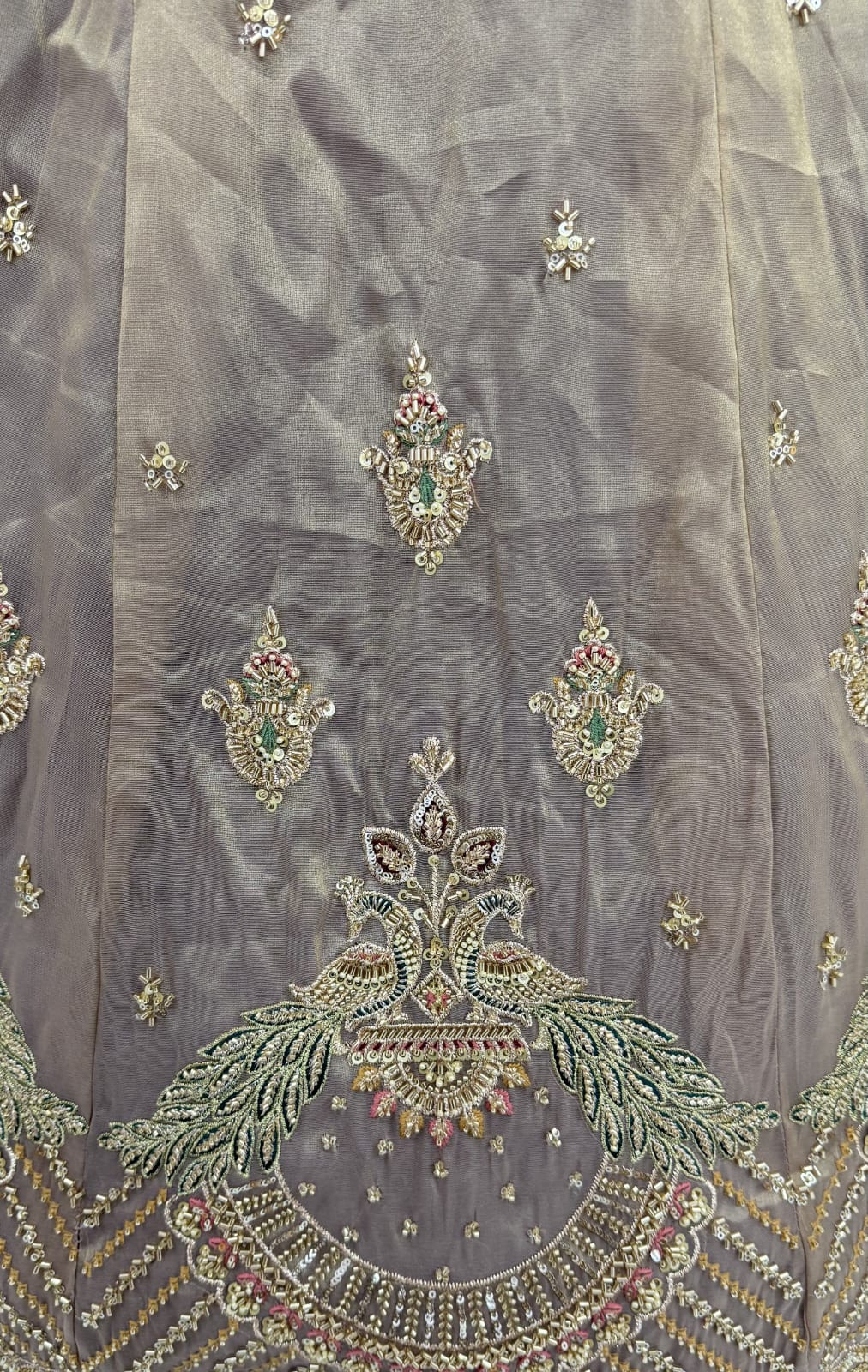 Cadet Pure Chandnia Silk Handwork Motif Peacock Pattern Crystal Beads Multi Thread Dori &amp; Sequins Work Bridal Lehenga Choli