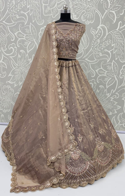 Cadet Pure Chandnia Silk Handwork Motif Peacock Pattern Crystal Beads Multi Thread Dori &amp; Sequins Work Bridal Lehenga Choli
