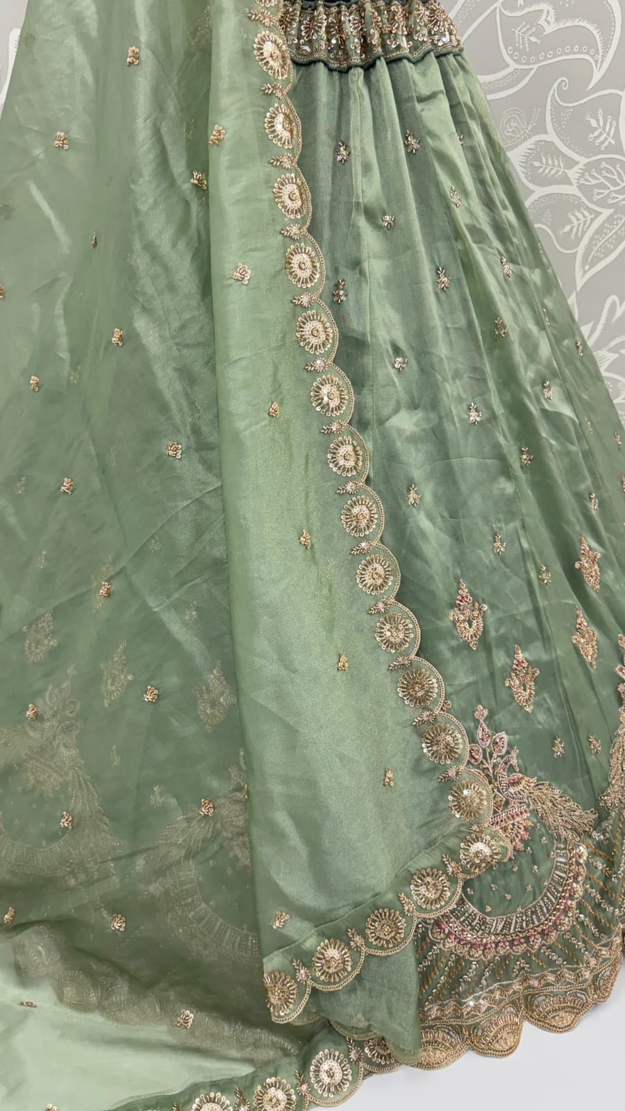 Pista Pure Chandnia Silk Handwork Motif Peacock Pattern Crystal Beads Multi Thread Dori &amp; Sequins Work Bridal Lehenga Choli