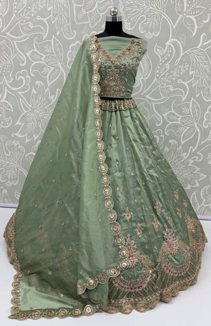 Pista Pure Chandnia Silk Handwork Motif Peacock Pattern Crystal Beads Multi Thread Dori &amp; Sequins Work Bridal Lehenga Choli