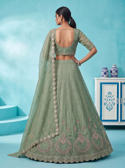 Pista Pure Chandnia Silk Handwork Motif Peacock Pattern Crystal Beads Multi Thread Dori &amp; Sequins Work Bridal Lehenga Choli