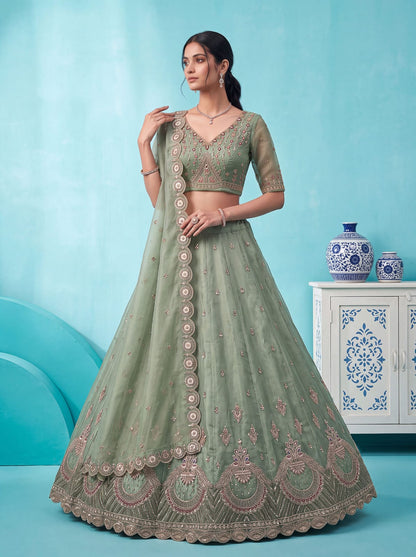 Pista Pure Chandnia Silk Handwork Motif Peacock Pattern Crystal Beads Multi Thread Dori &amp; Sequins Work Bridal Lehenga Choli