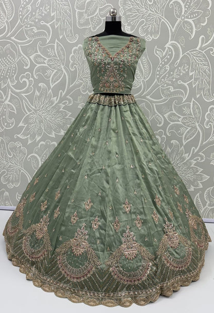 Pista Pure Chandnia Silk Handwork Motif Peacock Pattern Crystal Beads Multi Thread Dori &amp; Sequins Work Bridal Lehenga Choli