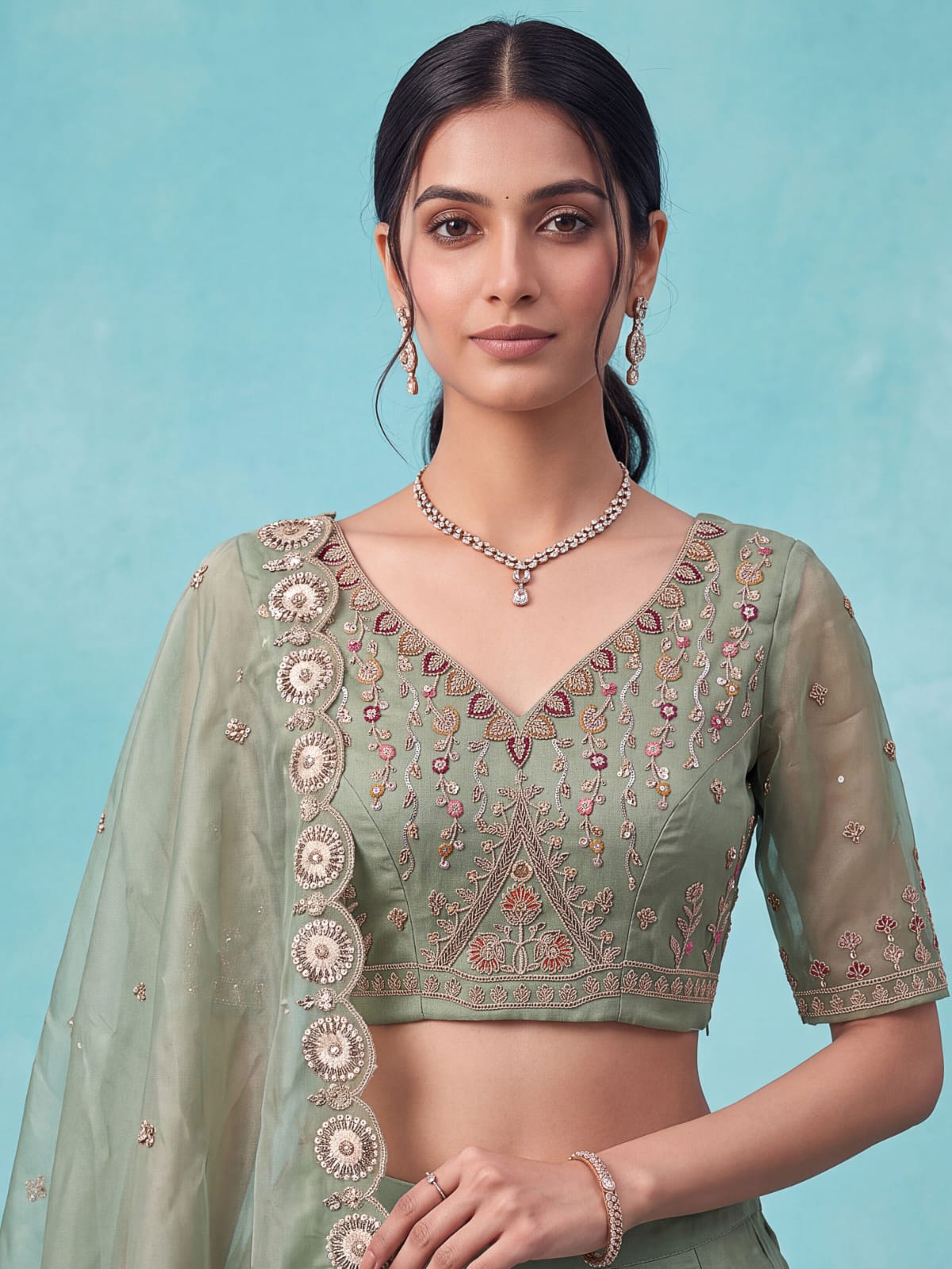 Pista Pure Chandnia Silk Handwork Motif Peacock Pattern Crystal Beads Multi Thread Dori &amp; Sequins Work Bridal Lehenga Choli