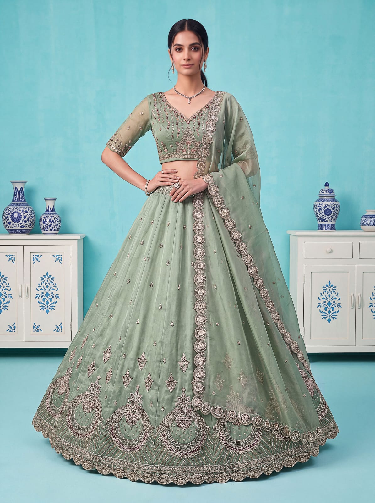 Pista Pure Chandnia Silk Handwork Motif Peacock Pattern Crystal Beads Multi Thread Dori &amp; Sequins Work Bridal Lehenga Choli