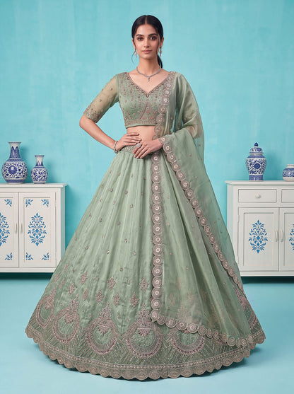 Pista Pure Chandnia Silk Handwork Motif Peacock Pattern Crystal Beads Multi Thread Dori &amp; Sequins Work Bridal Lehenga Choli
