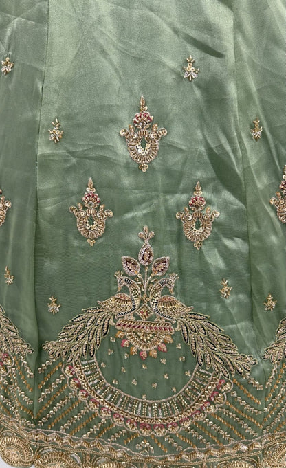 Pista Pure Chandnia Silk Handwork Motif Peacock Pattern Crystal Beads Multi Thread Dori &amp; Sequins Work Bridal Lehenga Choli