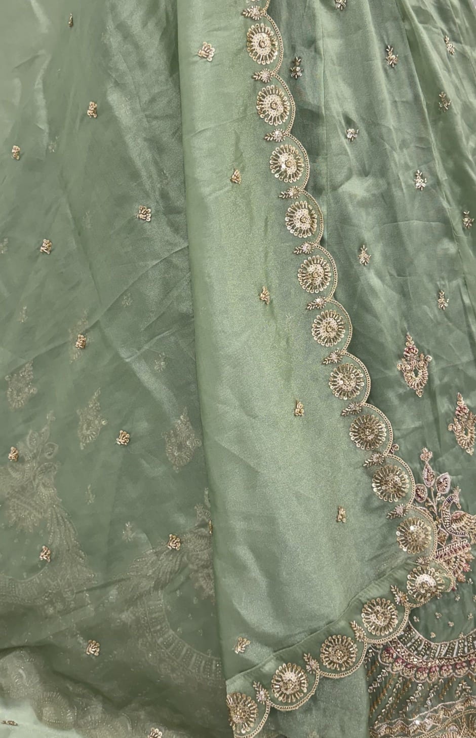 Pista Pure Chandnia Silk Handwork Motif Peacock Pattern Crystal Beads Multi Thread Dori &amp; Sequins Work Bridal Lehenga Choli