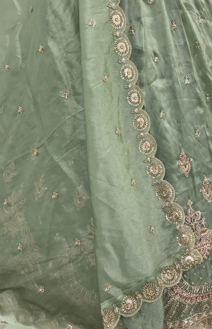 Pista Pure Chandnia Silk Handwork Motif Peacock Pattern Crystal Beads Multi Thread Dori &amp; Sequins Work Bridal Lehenga Choli