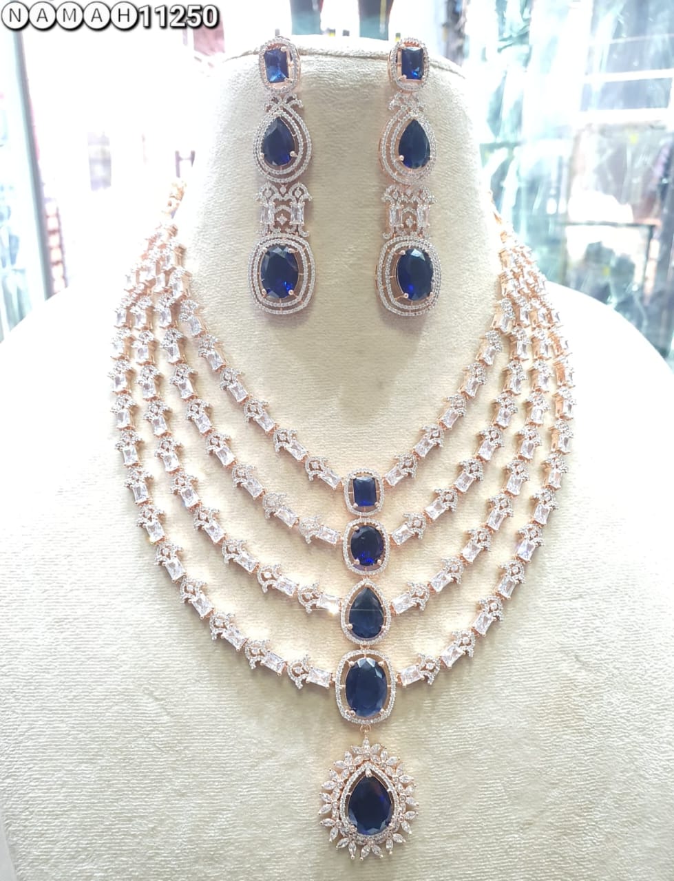 Blue American Diamond Design Necklace Jewellery Set