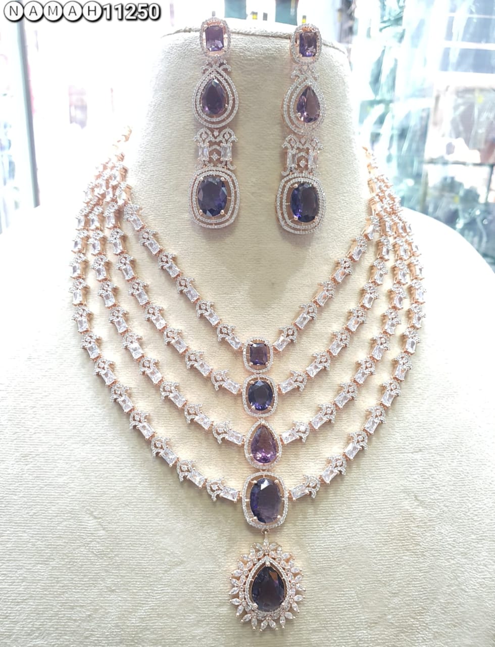 Purple American Diamond Design Necklace Jewellery Set