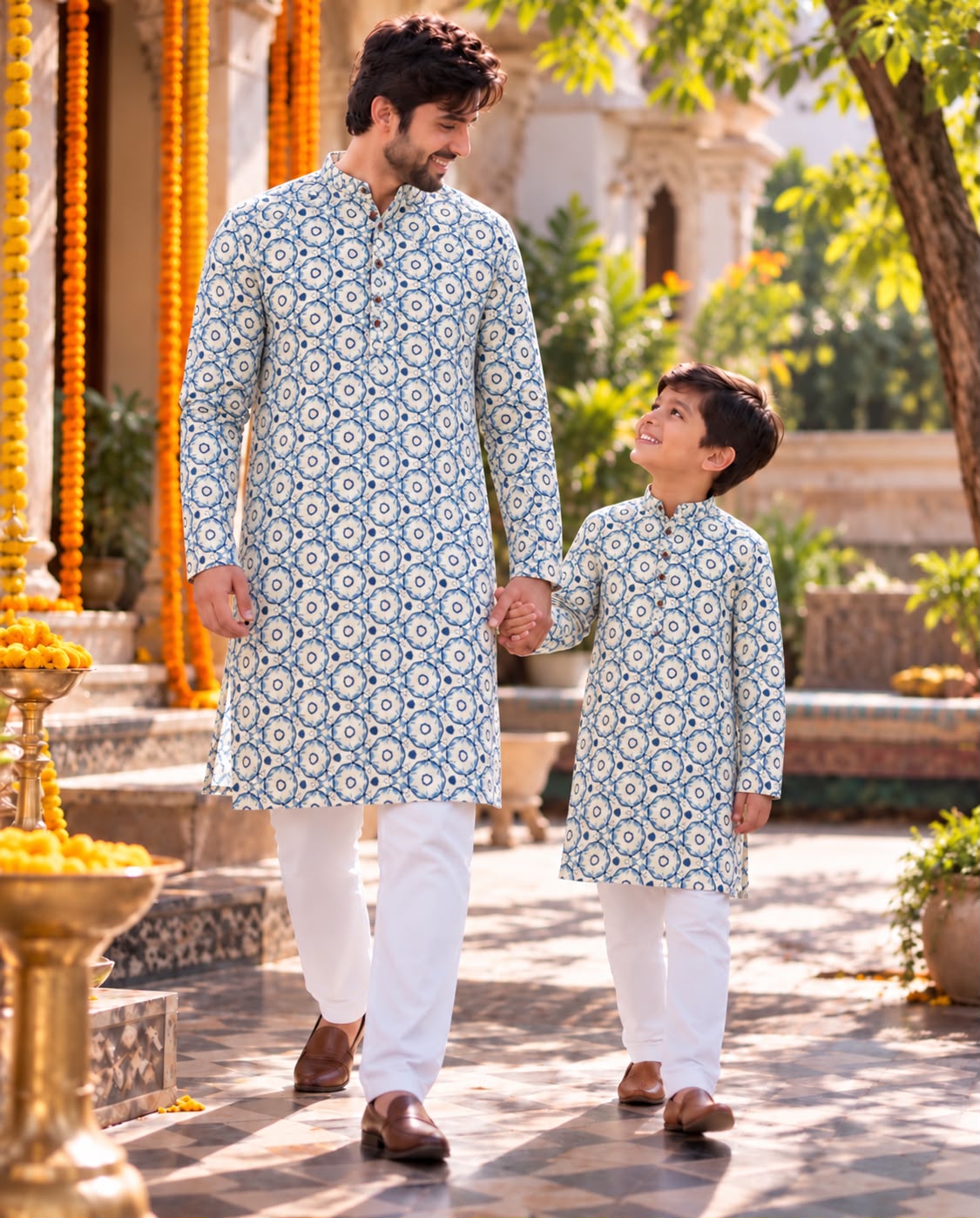 Blue Pure Soft Cotton Printed Kurta Pajama Father &amp; Son Matching Combo Set