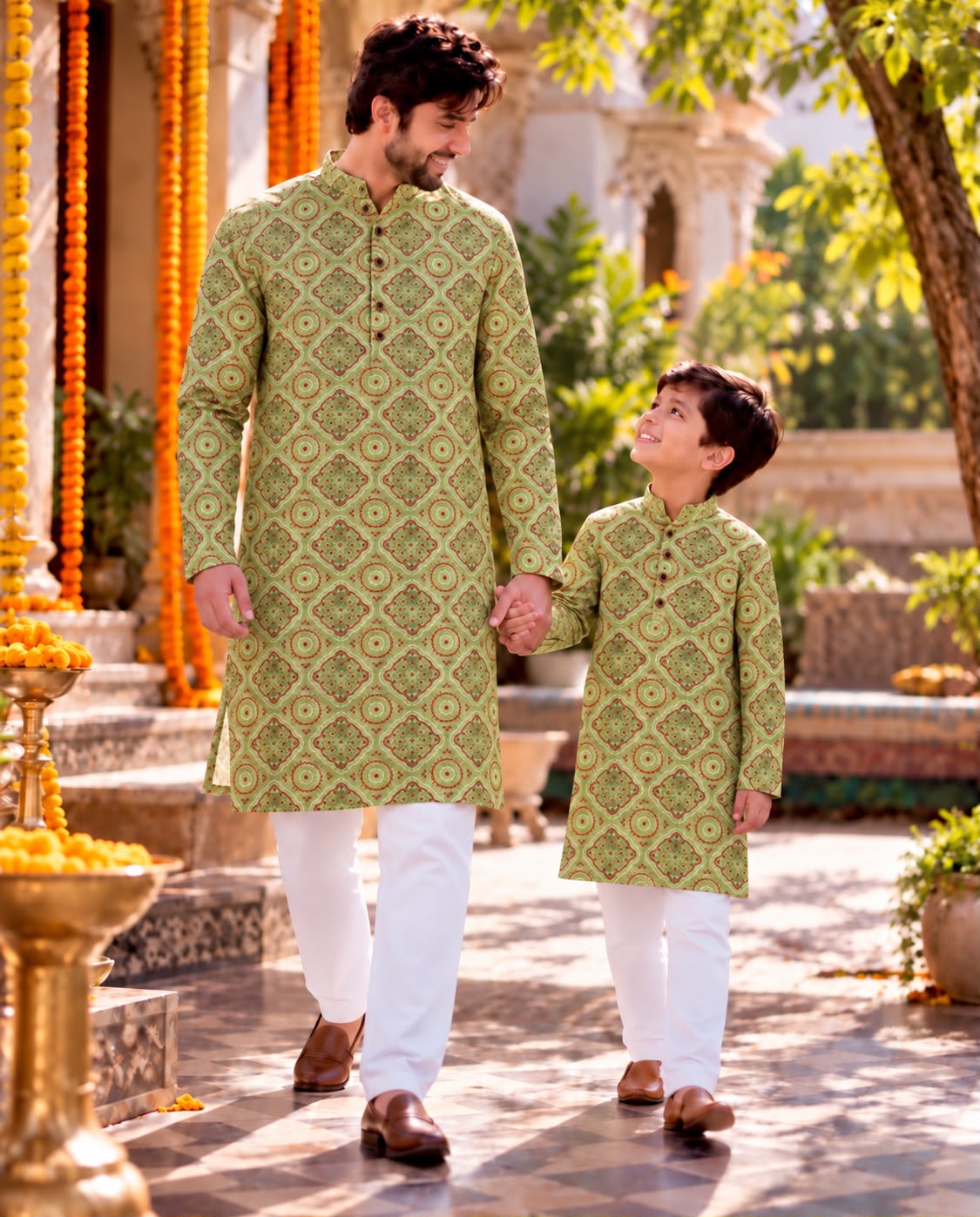 Light Green Pure Soft Cotton Printed Kurta Pajama Father &amp; Son Matching Combo Set