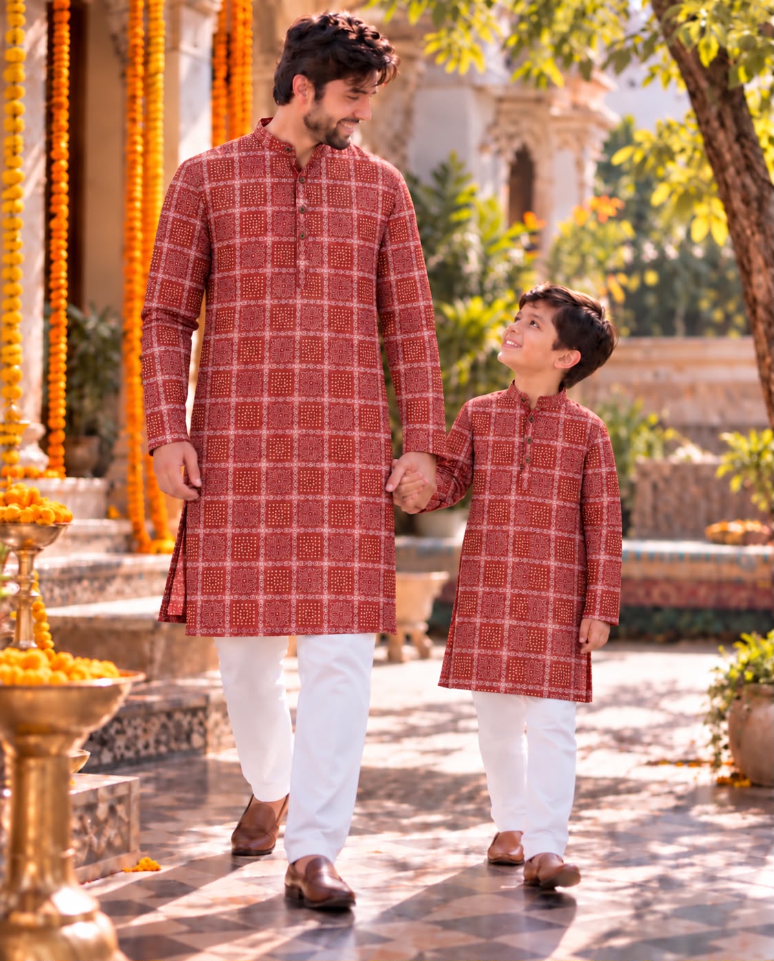 Red Pure Soft Cotton Printed Kurta Pajama Father &amp; Son Matching Combo Set
