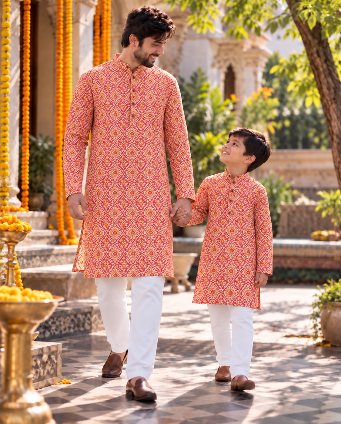 Orange Pure Soft Cotton Printed Kurta Pajama Father &amp; Son Matching Combo Set