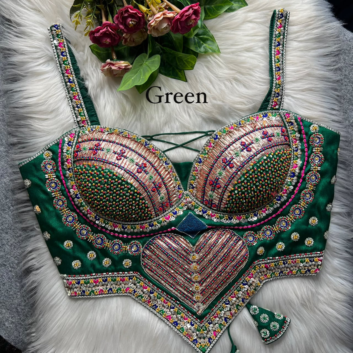 Green Pure Heavy Italian Silk Heavy Thread Real Mirror Corset Style Navratri Blouse