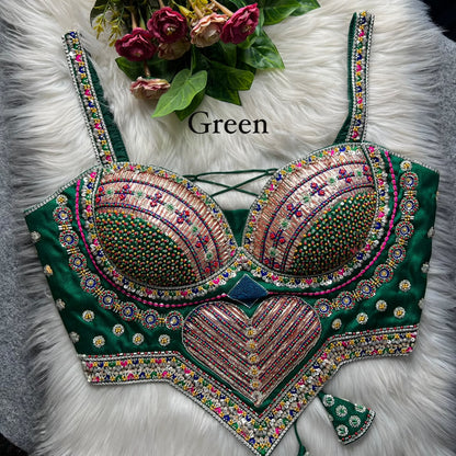 Green Pure Heavy Italian Silk Heavy Thread Real Mirror Corset Style Navratri Blouse