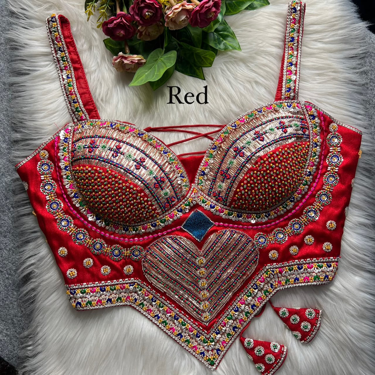 Red Pure Heavy Italian Silk Heavy Thread Real Mirror Corset Style Navratri Blouse