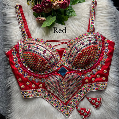 Red Pure Heavy Italian Silk Heavy Thread Real Mirror Corset Style Navratri Blouse