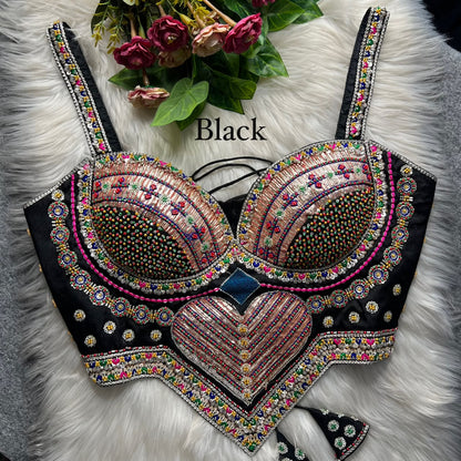 Black Pure Heavy Italian Silk Heavy Thread Real Mirror Corset Style Navratri Blouse