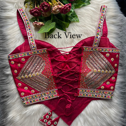 Red Pure Heavy Italian Silk Heavy Thread Real Mirror Corset Style Navratri Blouse