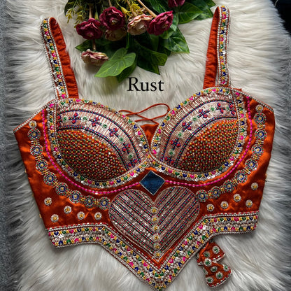 Rust Pure Heavy Italian Silk Heavy Thread Real Mirror Corset Style Navratri Blouse