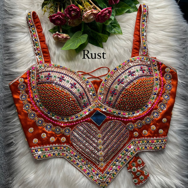 Rust Pure Heavy Italian Silk Heavy Thread Real Mirror Corset Style Navratri Blouse