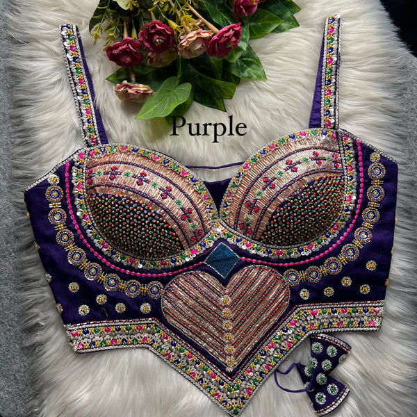 Purple Pure Heavy Italian Silk Heavy Thread Real Mirror Corset Style Navratri Blouse