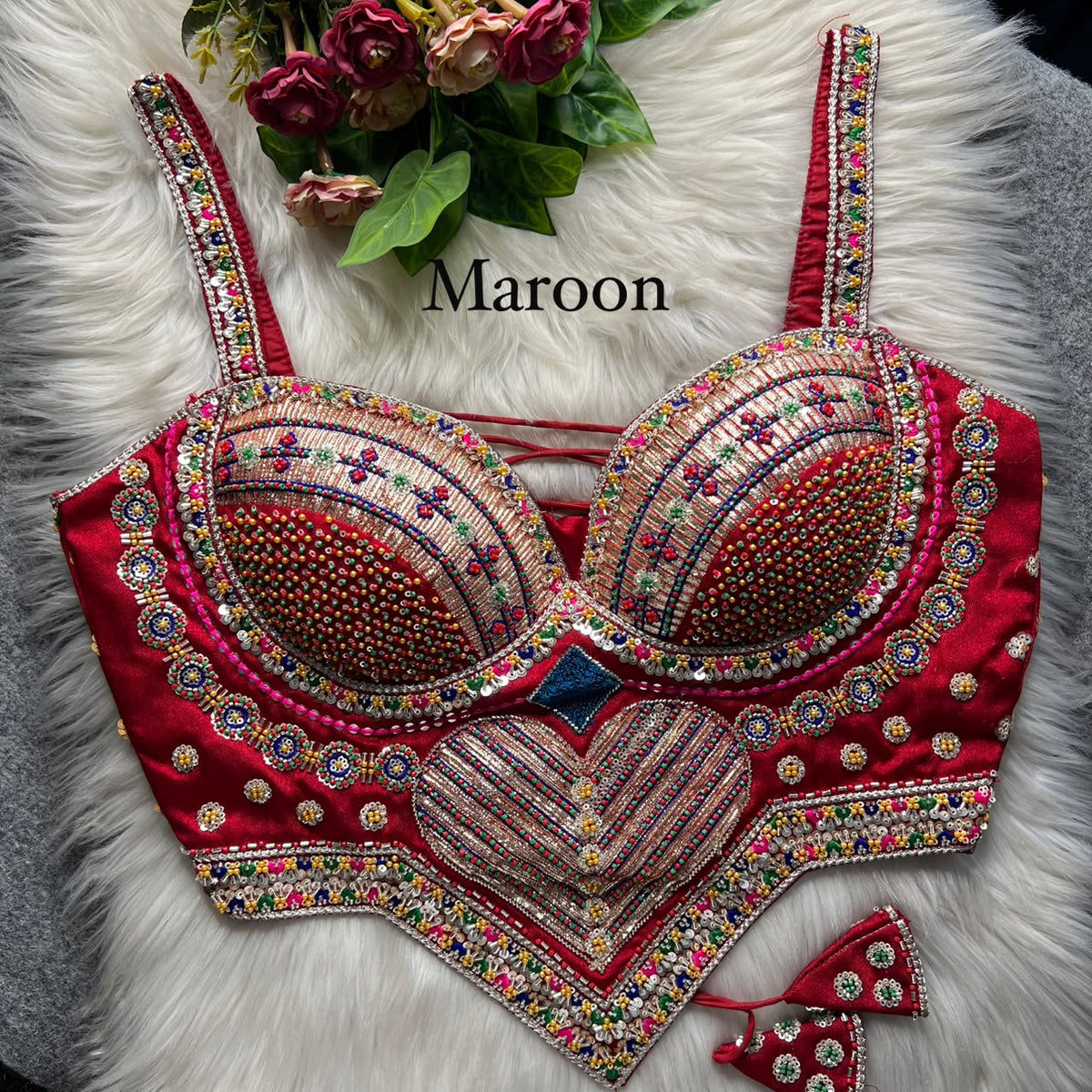 Maroon Pure Heavy Italian Silk Heavy Thread Real Mirror Corset Style Navratri Blouse