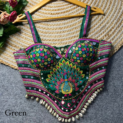 Green Pure Heavy Italian Silk Heavy Thread Real Mirror Corset Style Navratri Blouse