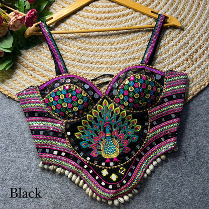 Black Pure Heavy Italian Silk Heavy Thread Real Mirror Corset Style Navratri Blouse