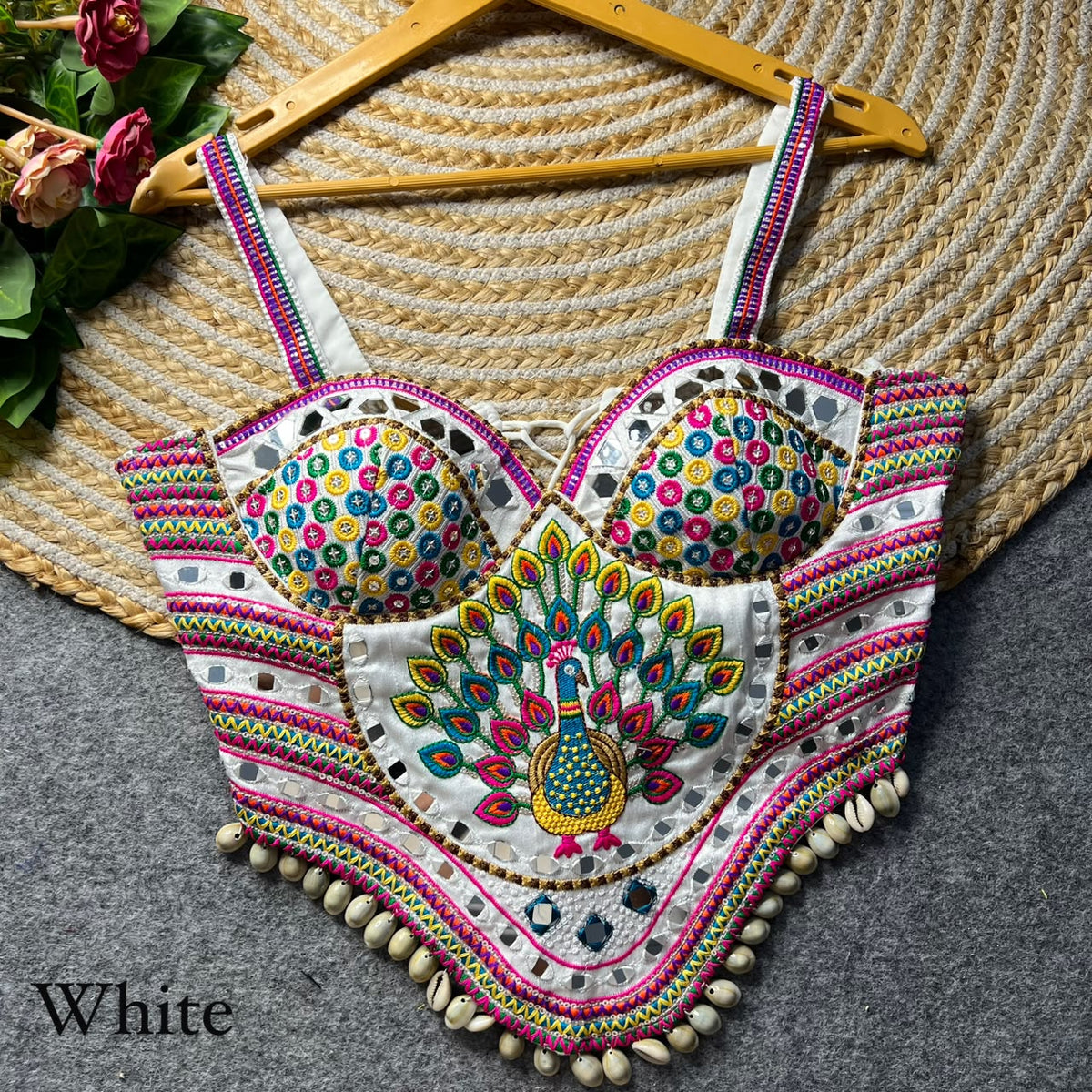 White Pure Heavy Italian Silk Heavy Thread Real Mirror Corset Style Navratri Blouse