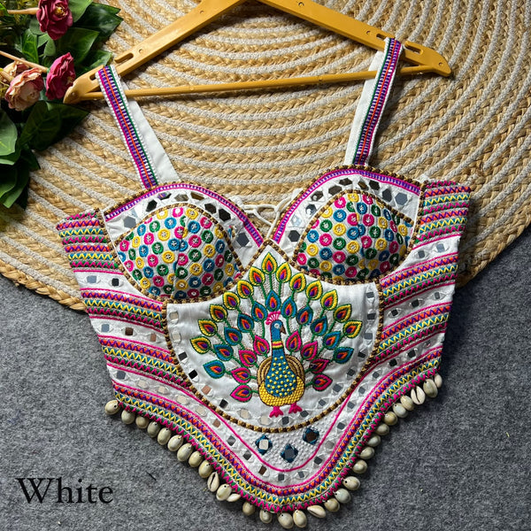 White Pure Heavy Italian Silk Heavy Thread Real Mirror Corset Style Navratri Blouse
