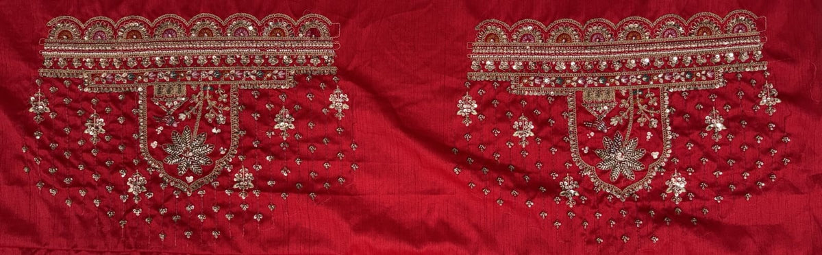 Red Pure Premium Gadhwal Silk Peacock &amp; Giraffe Thread &amp; Zari Handwork Crystal Motif 
Sequins Work Bridal Lehenga Choli