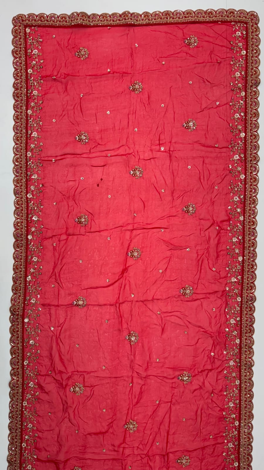 Red Pure Premium Gadhwal Silk Peacock &amp; Giraffe Thread &amp; Zari Handwork Crystal Motif 
Sequins Work Bridal Lehenga Choli