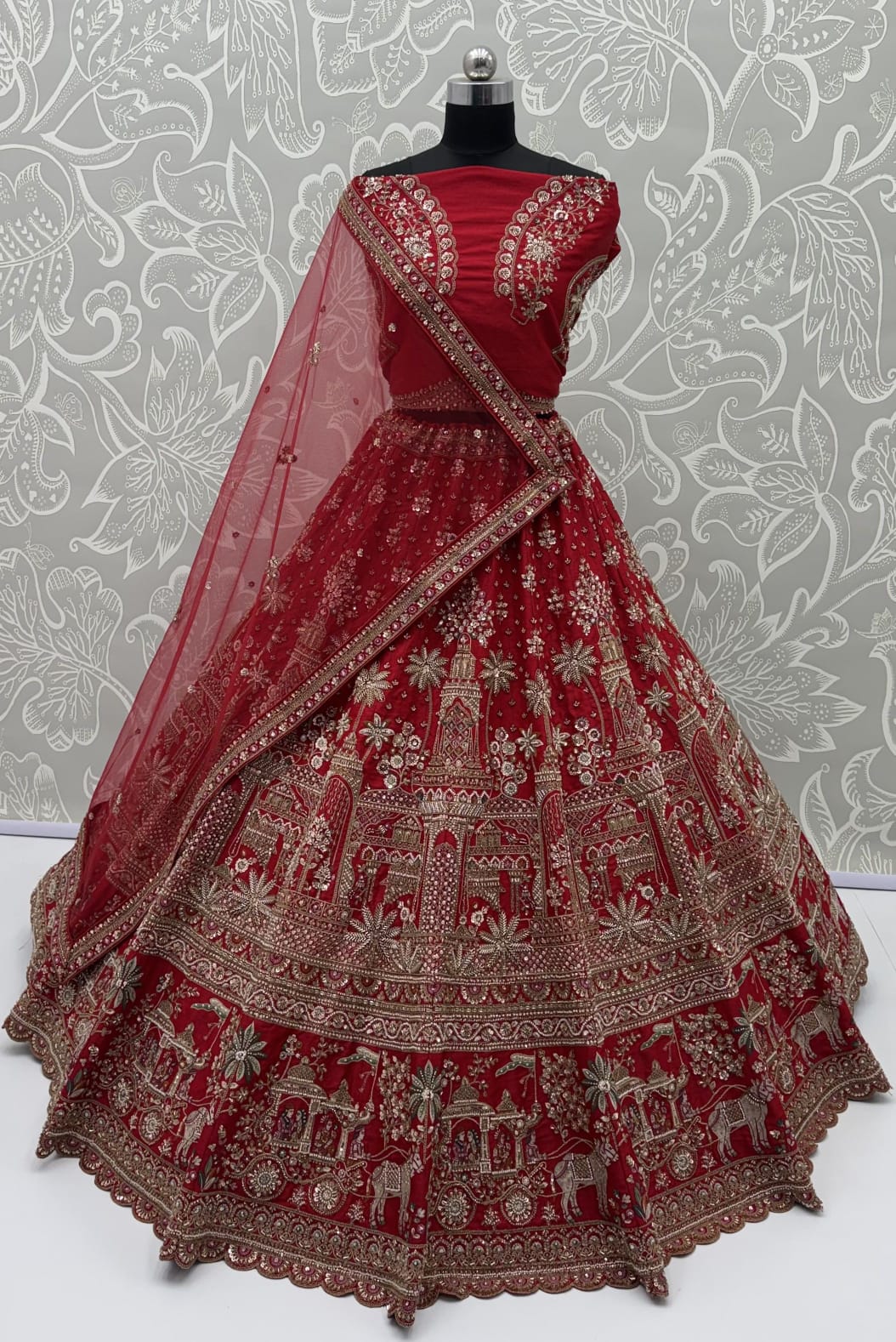Red Pure Premium Gadhwal Silk Peacock &amp; Giraffe Thread &amp; Zari Handwork Crystal Motif 
Sequins Work Bridal Lehenga Choli