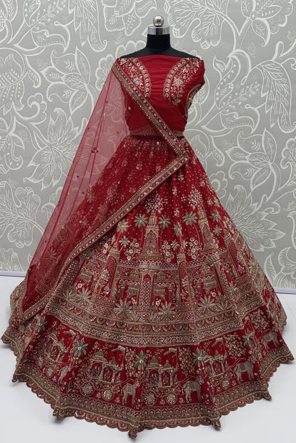 Red Pure Premium Gadhwal Silk Peacock &amp; Giraffe Thread &amp; Zari Handwork Crystal Motif 
Sequins Work Bridal Lehenga Choli
