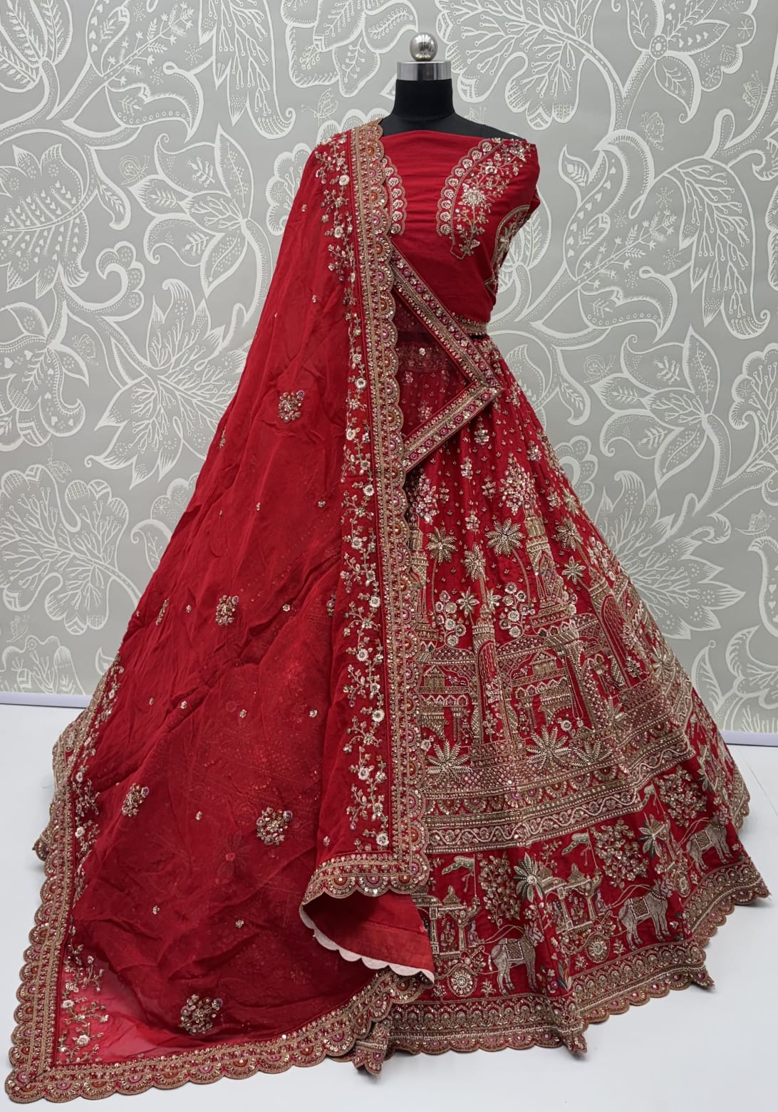 Red Pure Premium Gadhwal Silk Peacock &amp; Giraffe Thread &amp; Zari Handwork Crystal Motif 
Sequins Work Bridal Lehenga Choli